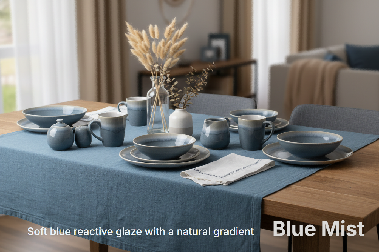 Blue Mist reactive glaze ceramic dinnerware set with plates, bowls and mugs