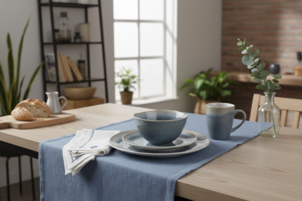 Blue Mist reactive glaze ceramic dinnerware set styled for a modern dining table