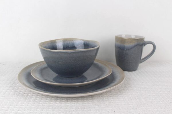 Blue Mist reactive glaze ceramic dinnerware place setting with bowl, plate and mug
