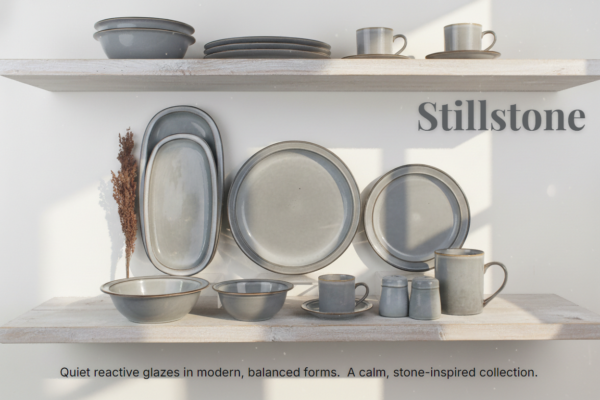 Stillstone grey reactive glaze stoneware dinnerware collection with plates, bowls, cups and table accessories