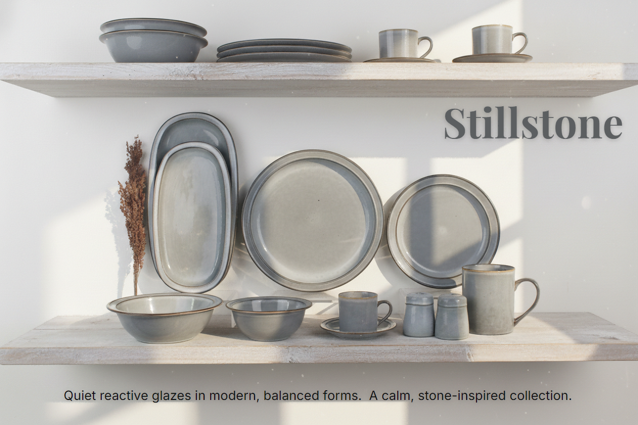 Stillstone grey reactive glaze stoneware dinnerware collection with plates, bowls, cups and table accessories
