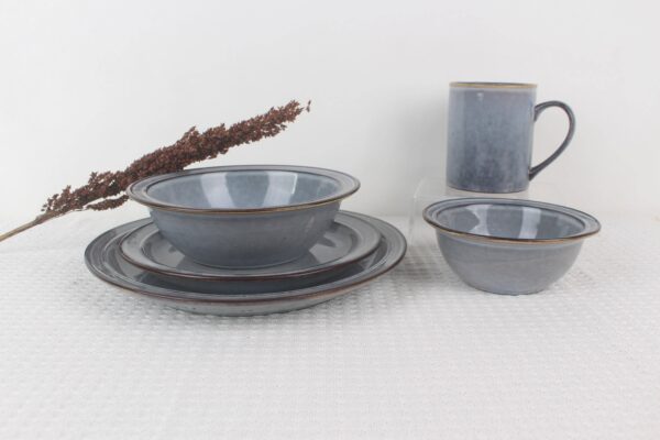 Stillstone grey reactive glaze stoneware dinnerware set with plates, bowls and mug
