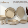 Sandstone beige speckled stoneware dinnerware collection featuring plates, bowls, mug and salt and pepper shakers