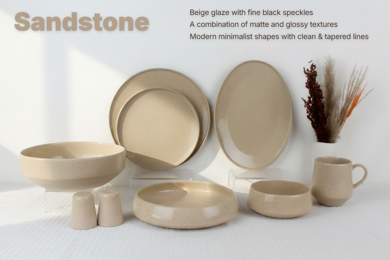 Sandstone beige speckled stoneware dinnerware collection featuring plates, bowls, mug and salt and pepper shakers