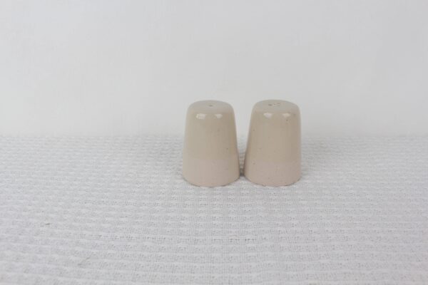 Pair of Sandstone beige stoneware salt and pepper shakers with tapered shapes and contrasting surface finishes